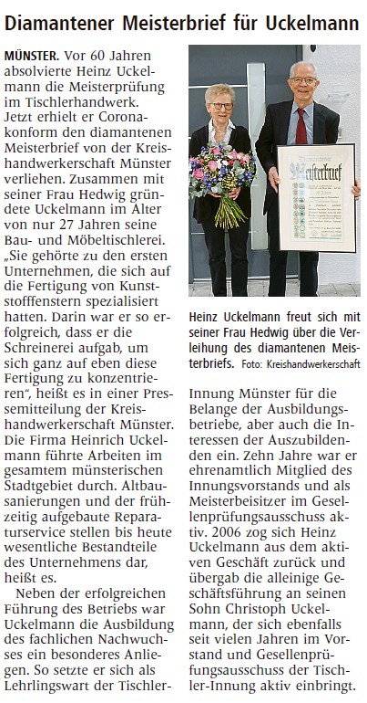 Diamantener Meisterbrief für Heinz Uckelmann Diamantener Meisterbrief für Heinz Uckelmann